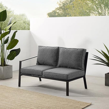 Crosley Furniture Clark Outdoor Sectional Left Side Loveseat, 2-Person Patio Couch for Deck, Backyard, Matte Black with Charcoal Cushions