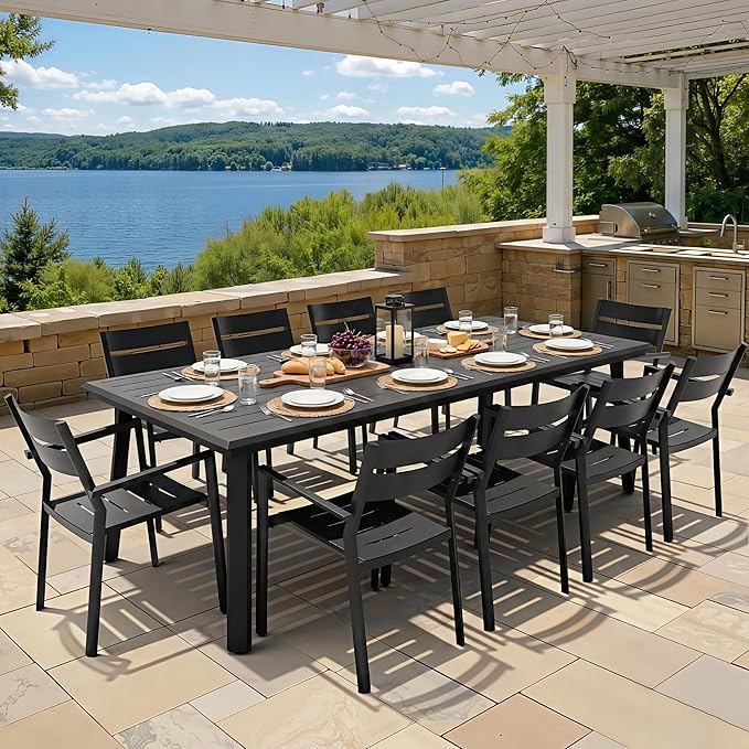 94" Outdoor Dining Table for 10 Black Aluminum Long Patio Table with Umbrella Hole All Weather Rectangle Table for Lawn - Photo 3