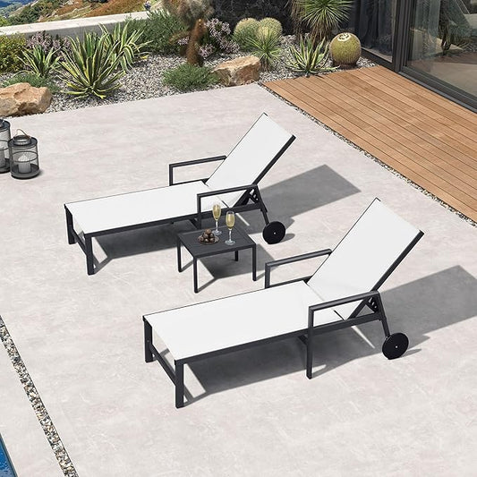 PURPLE LEAF Outdoor Chaise Lounge Set for 2 Aluminum Patio Chaise Lounger Chair with Armrest Adjustable Pool Chaise Lounge Chair for Beach Yard Poolside Table Included, Linen