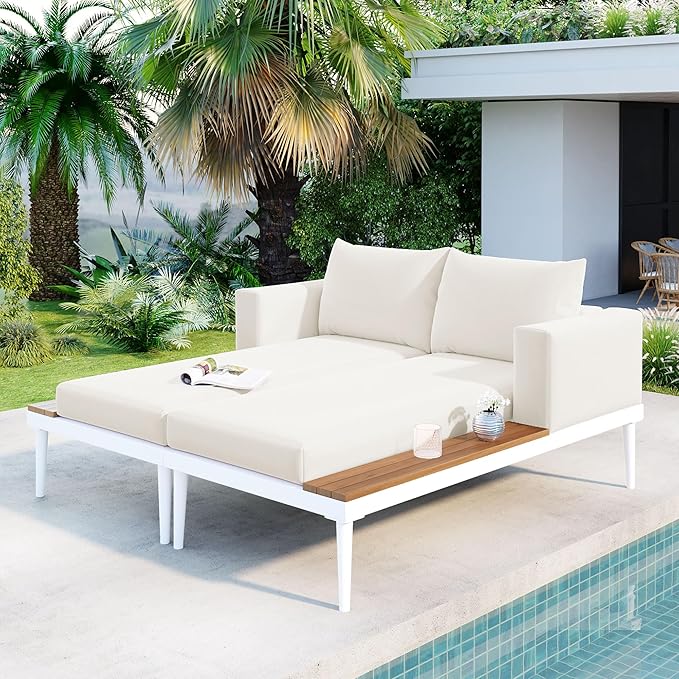 LUMISOL Outdoor Patio Daybed Metal Daybed with Cushions and Wood Topped Side Spaces for Drinks - Photo 2