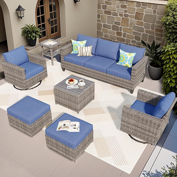 ovios Patio Furniture Set, 7 Pieces Outdoor Wicker Sofa Couch with Swivel Rocking Chairs Glass Table Comfy Cushions - Photo 1