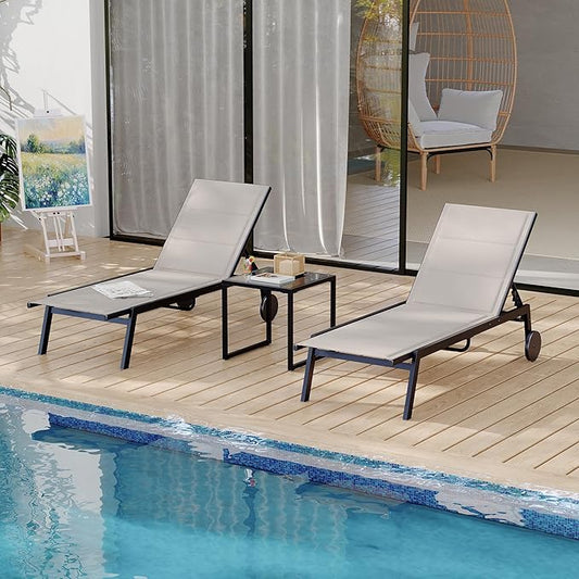 Outdoor Chaise Lounge Set, 3 Piece Patio Chaise Lounge Chairs with Side Table, Padded Textile Pool Loungers with 5-Level Backrest and Wheels for Beach, Lawn, Porch, Garden, Deck, Khaki