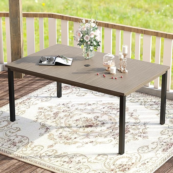VICLLAX 63" Rectangle Outdoor Dining Table for 6, Patio Table with Umbrella Hole, All Weather Metal Patio Tables, Light Gray Tabletop
