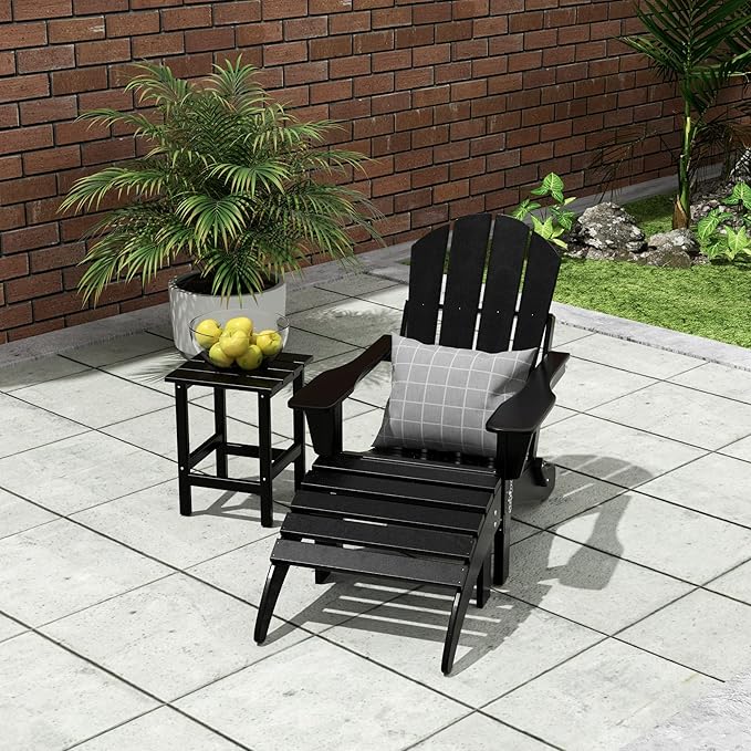 WO Home Furniture 3pc Set - HDPE Poly Adirondack Chair with Ottoman/Footrest and Square Side Table, All Weather and UV Resistant for Outdoor Patio Backyard, Garden, Black