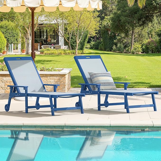 LUE BONA Chaise Lounge Chair Outdoor Set of 4, HDPS and HDPE Wicker Chaise Lounger with 5 Positions, Pool Lounge Chairs with Wheels and Adjustable Backrest for Patio, Poolside, Deck, Backyard