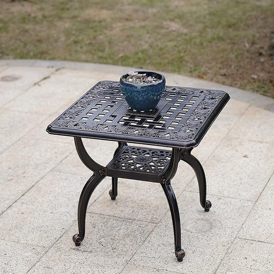 Mandolin Outdoor Patio,Rust -Resistant Cast Aluminum Side Table,Weather Resistant End Table，Coffee Table， Perfect for Patio, Backyard Or Garden. W 20.8" X H18.5(Aluminum Square, Copper)