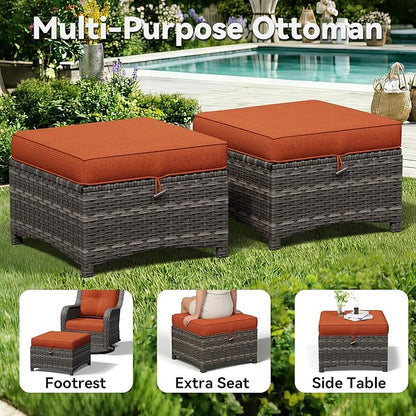 5 Piece Outdoor Wicker Patio Furniture Set, Patio Chairs Set with Thickened Olefin Cushions, High Back and Deep Seating, Hand-Woven PE Rattan, Ottoman for Porch, Deck