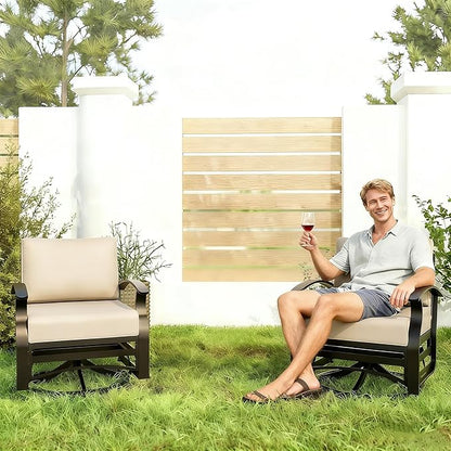 Gotland 2 Piece Patio Set, Metal Outdoor Swivel Chairs Set of 2 with 5.1’’ High-Resilience Seat Cushions 6.2’’ Back Pillow Removable Cushions for Backyard, Lawn, Porch, Khaki