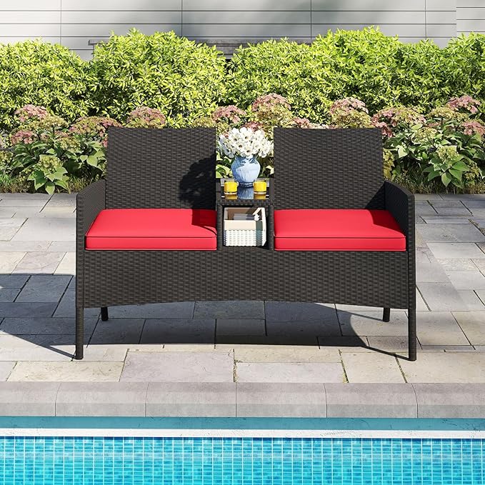 HAPPYGRILL Outdoor Rattan Loveseat, 2-Seat Patio Conversation Set with Built-in Coffee Table, Cushions, Wicker Bench Furniture for Backyard, Garden, Balcony, Porch (Red)