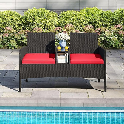 HAPPYGRILL Outdoor Rattan Loveseat, 2-Seat Patio Conversation Set with Built-in Coffee Table, Cushions, Wicker Bench Furniture for Backyard, Garden, Balcony, Porch (Red)