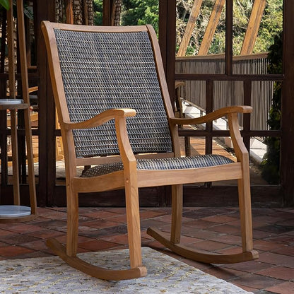 Cambridge Casual Dunham Teak Porch Rocking Chair, Padded Woven Seat, All-Weather Teak Wood Outdoor Rocker with Built-in Quick Dry Cushion and Poly-Rattan Wicker Accents