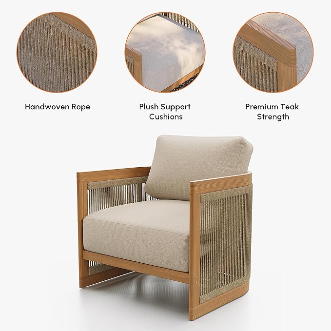 homary Teak Outdoor Chair, Rope Woven Patio Lounge Chair with All-Weather Cushions, Deep Seat Ergonomic Armchair with Removable Washable Covers (1 Chair)