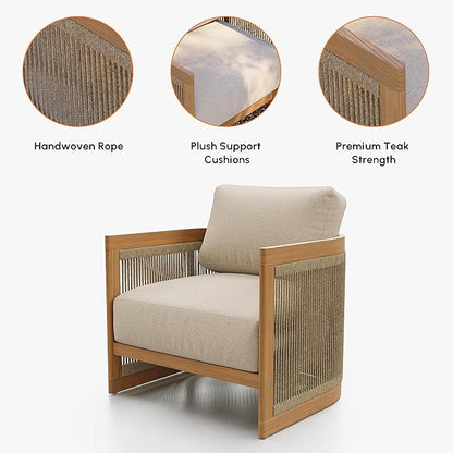 homary Teak Outdoor Chair, Rope Woven Patio Lounge Chair with All-Weather Cushions, Deep Seat Ergonomic Armchair with Removable Washable Covers (1 Chair)