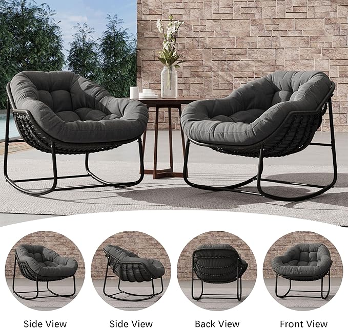 Oversized Rocking Chair Outdoor Set of 2, Rocking Papasan Chair, Patio Egg Chair with Padded Cushion, Outdoor Wicker Rocking Chair for Front Porch, Garden, Patio (Beige)