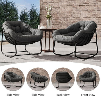 Oversized Rocking Chair Outdoor Set of 2, Rocking Papasan Chair, Patio Egg Chair with Padded Cushion, Outdoor Wicker Rocking Chair for Front Porch, Garden, Patio (Beige)