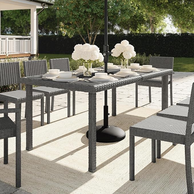 Martha Stewart Bedford 71" Indoor-Outdoor Patio Table with Faux Wood Top and Rattan Wicker Finish in Brown