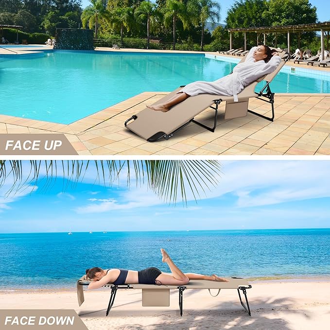 400lbs Tanning Chair, 5-Fold Beach Lounge Chair with Face Hole & 2 Side Pockets, Non-Slip Foot & Portable Handle, Beach Chaise Lounge for Patio/Pool/Lawn(1, Beige)
