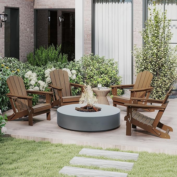 Domi Folding Adirondack Chairs Set of 4, HDPE All-Weather Outdoor Chairs with Cup Holder, Wooden Textured Fire Pit Chairs for Backyard, Patio, Poolside & Deck, Khaki