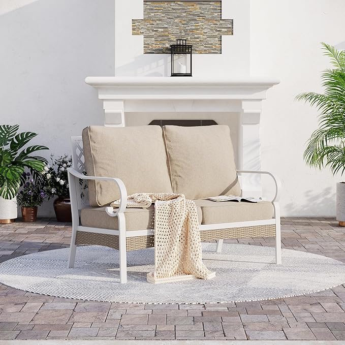 Metal Patio Furniture Loveseat Sofa with 5.75" Extra Thick Waterproof Cushion - Photo 1