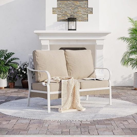 Metal Patio Furniture Loveseat Sofa with 5.75" Extra Thick Waterproof Cushion, 2-Seater Deep Seating & High-Back White Outdoor Couch All Weather Outdoor Seating for Gazebo Porch, Beige