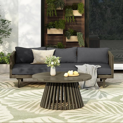 Merax Outdoor Acacia Wood Conversation Set - Patio 3-Seat Loveseat Sofa w/Coushion and Round Coffee Table for Backyard, Lawn, Balcony, Gray