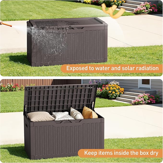 Greesum 100 Gallon Resin Deck Box Large Outdoor Storage Boxes with Cushions for Garden Tools, Patio Furniture Pillows - Photo 4