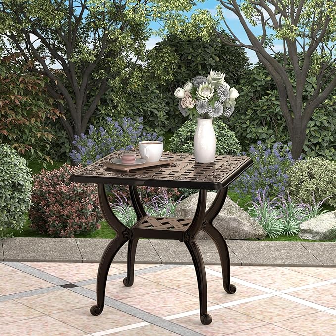 Square Outdoor Coffee Table, Cast Aluminum Side Table with Storage, Indoor End Table - Photo 6