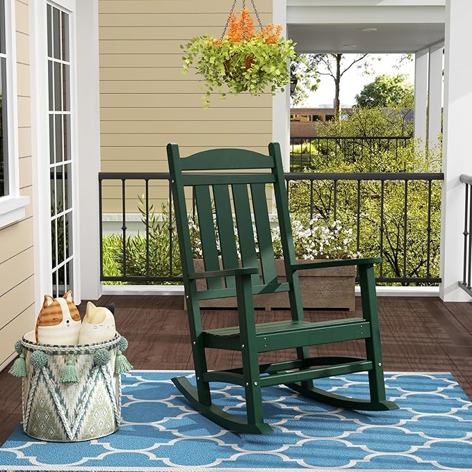 WO Home Furniture Patio Rocking Chair Farmhouse Outdoor HDPE UV Weather Resistant (Dark Green)