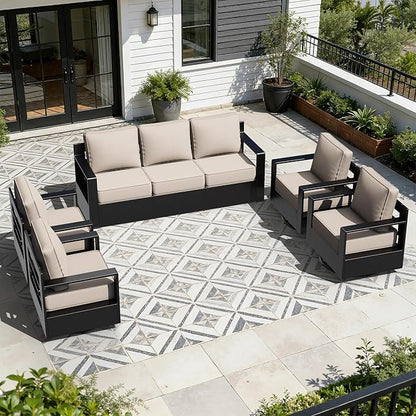 Outdoor Aluminum Furniture Set, 5-Piece Patio Conversation Set, 4 Swivel Chairs and 1 Sofa, All-Weather Metal Frame, 6" Thick Removable Cushions, Deep Setting for Garden, Poolside and Porch