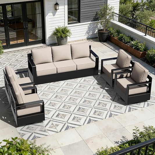 Outdoor Aluminum Furniture Set, 5-Piece Patio Conversation Set, 4 Swivel Chairs and 1 Sofa, All-Weather Metal Frame, 6" Thick Removable Cushions, Deep Setting for Garden, Poolside and Porch