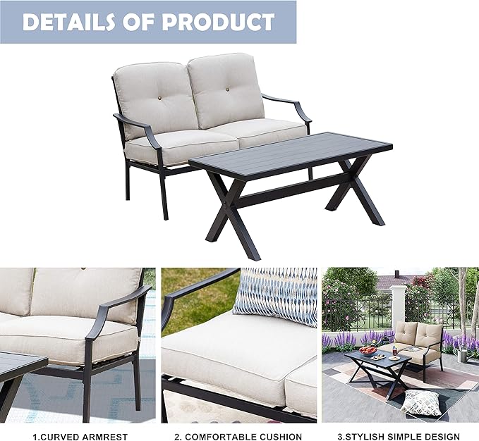 LOKATSE HOME Outdoor Loveseat and Coffee Table Metal Conversation Set Patio Furniture with Cushions for Poolside Backyard Lawn, Beige