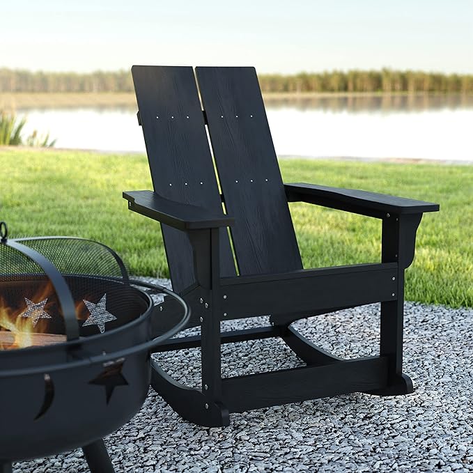 EMMA + OLIVER Harmon Adirondack Rocking Chair - Black Poly Resin - Suitable for Indoor/Outdoor Use - All Weather Materials - Easy Assembly - 350 lb. Weight Capacity
