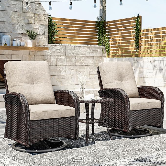 Joyside Outdoor Swivel Rocker Chairs, 3 Piece Wicker Patio Set with Thickened Cushions, High Back, Deep Seating - Photo 2