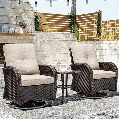 Joyside Outdoor Swivel Rocker Chairs, 3 Piece Wicker Patio Set with Thickened Cushions, High Back, Deep Seating, Wide Armrest, Outdoor Swivel Chairs for Porch, Deck