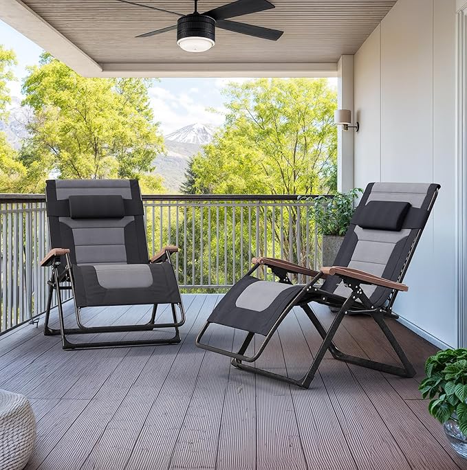 PURPLE LEAF Extra Wide Outdoor Reclining Chair Set of 2 Patio Zero Gravity Chaise Lounge Folding Chair with Quilted Cushion Adjustable Headrest for Lawn Camping Beach Pool Black and Grey