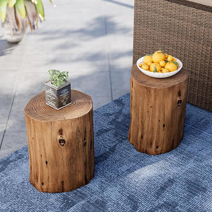 SUNBURY Outdoor Side Table Set of 2, Tree Stump Side Table Light Oak Colored Faux Wood, Wood Stump Stool, Ottoman or Plant Stand, Deck or Garden
