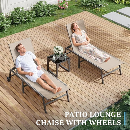 UDPATIO Outdoor Chaise Lounge with Wheels 2 Pieces Patio Lounge Chair with Side Table 5 Adjustable Position Recliner for Patio, Beach, Yard, Pool