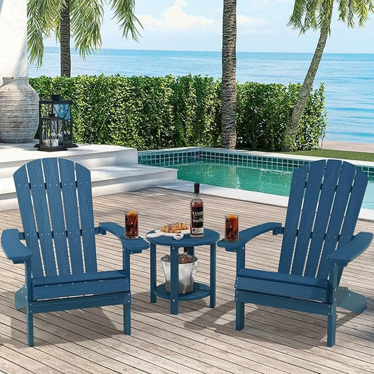 YEFU 3-Piece Adirondack Chair and Table Set: Outdoor Lounge Furniture Set - Outdoor Chair Plastic Weather Resistant with Wide Armrests for Patio Lawn Pool Porch Garden(Navy