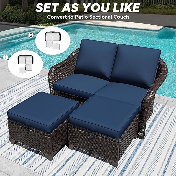 3 Pieces Patio sectional Sofa Set, Outdoor Conversation Furniture Set, 55" Patio Couch with 2 Ottomans - Photo 6
