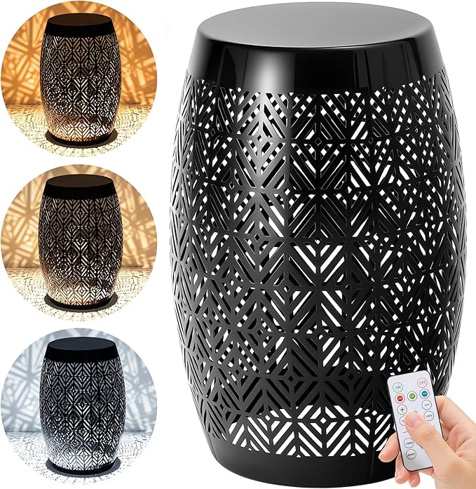 18" Cutout Metal Outdoor Side Table with 3-Mode LED Lights, Modern Decorative Drum End Table - Photo 4