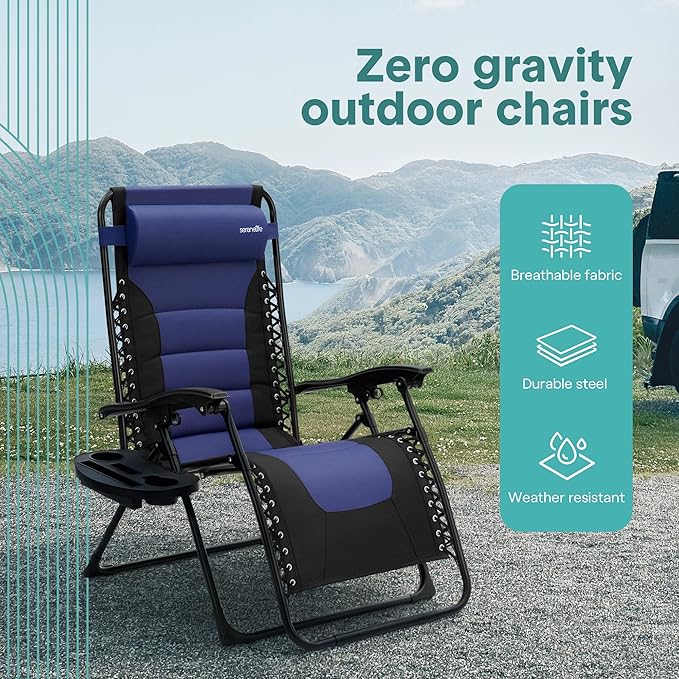 SereneLife Oversized Padded Zero Gravity Lounge Chair, Foldable Outdoor Patio Recliner, Anti Gravity Lawn Recliner with Cup Holder and Side Table for Backyard, Camping, Beach or Outdoor Relaxation