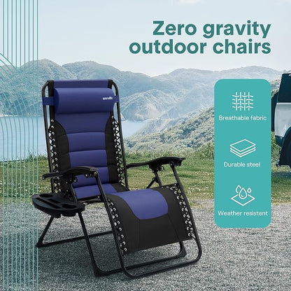 SereneLife Oversized Padded Zero Gravity Lounge Chair, Foldable Outdoor Patio Recliner, Anti Gravity Lawn Recliner with Cup Holder and Side Table for Backyard, Camping, Beach or Outdoor Relaxation