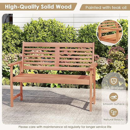 Byroce 2-Person Outdoor Bench, Solid Wood Patio Loveseat with Comfy Backrest & Armrest, Heavy Duty Garden Bench for Outdoors Backyard, Park, Balcony & Front Porch, Teak Oil Rubbed (Horizontal Slat)