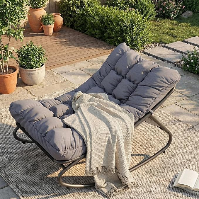 GarveeHome Wicker Rocking Chair, Papasan Egg Rocker with Iron Frame & Thick Cushion, Adjustable Rocking Range & Fixed Rope, 450 lbs Capacity Indoor/Outdoor for Porch, Garden, Grey