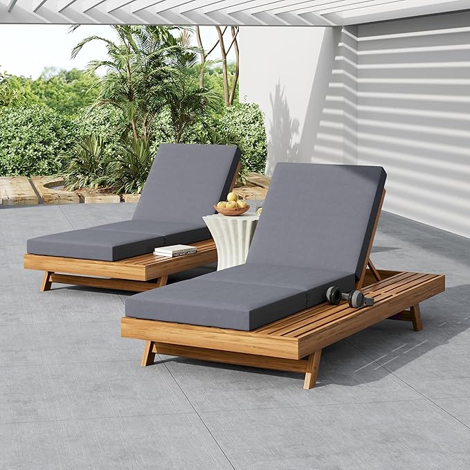 Merax Acacia Wood Chaise Lounge Chair Outdoor Set of 2, Patio Recliner with 4 Position Adjustable Backrest and 4" Thick Triple-fold Cushion