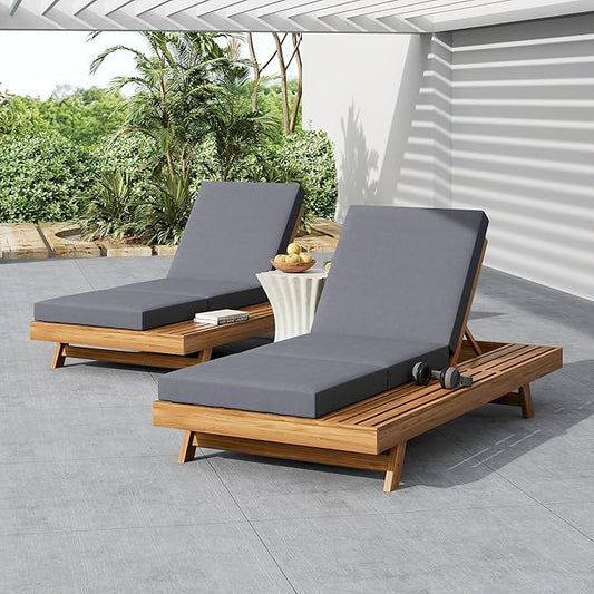 Merax Acacia Wood Chaise Lounge Chair Outdoor Set of 2, Patio Recliner with 4 Position Adjustable Backrest and 4" Thick Triple-fold Cushion