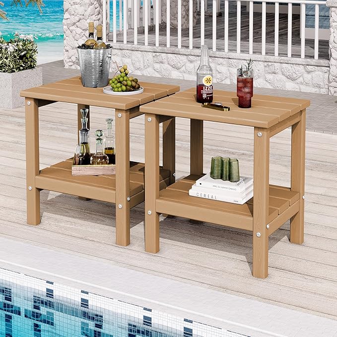 KINGYES 2-Tier Outdoor Side Table Set of 2, HDPE All Weather Adirondack Patio Tables,Brown
