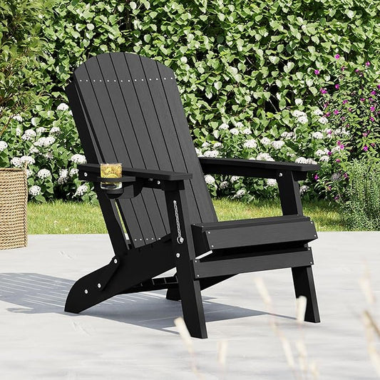 HDPE Foldable Adirondack Outdoor Chair with Cup Holder, Weather Resistant Heavy-Duty Patio Chair for Patio, Backyard, Deck, Fire Pit, Lawn and Porch, Black