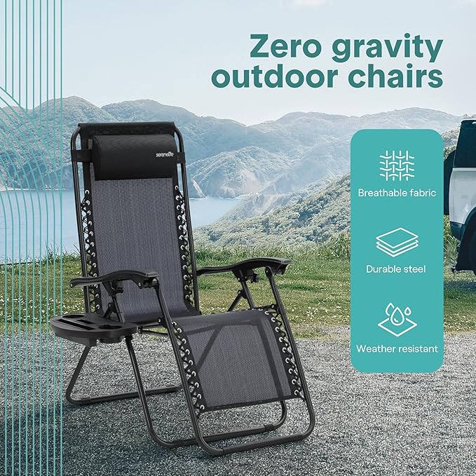 SereneLife Zero Gravity Outdoor Lounge Chairs 2 Pack – Folding Recliners with Side Table - Photo 4