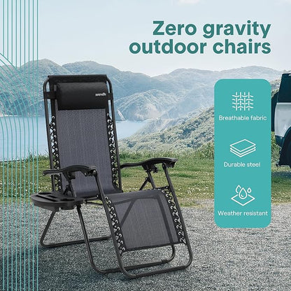 SereneLife Zero Gravity Outdoor Lounge Chairs 2 Pack – Folding Recliners with Side Table, Cup Holder & Padded Headrest – Adjustable Patio Chairs for Lawn, Garden, Deck, Camping (Black)